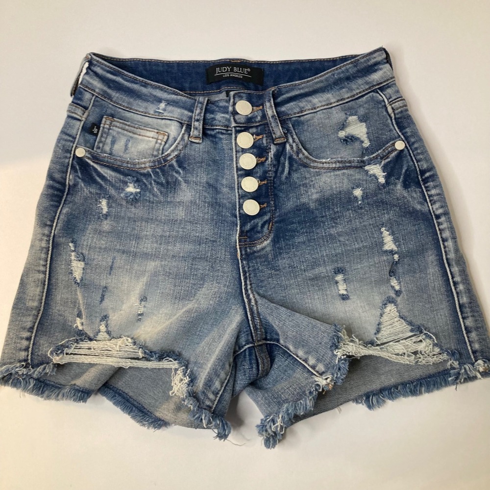 Judy Blue Distressed High-Rise Button-Fly Denim Shorts - Light Blue